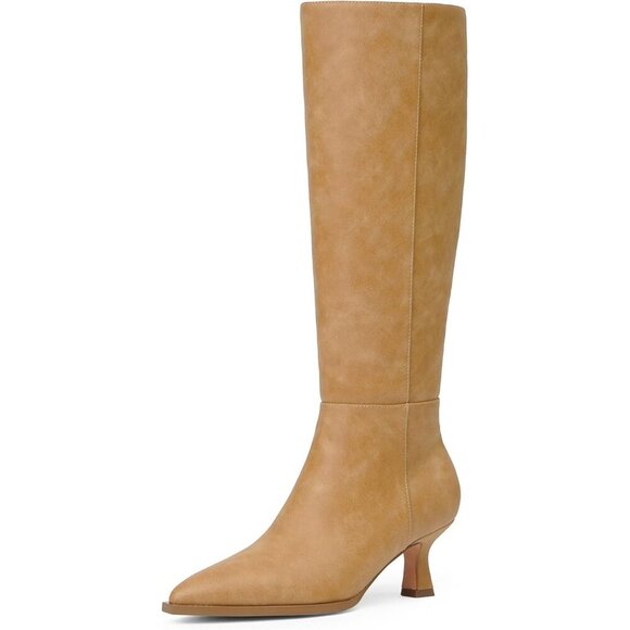 Shoes - Women's Banana Pu Kitten Low Heel Toe Side Zipper Long Tall Knee High Boots